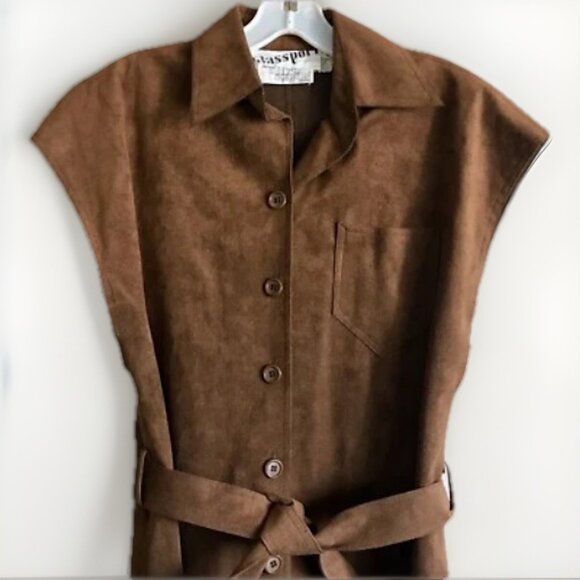 Vintage 1970s Blassport Bill Blass Ultra Suede Brown Button Down Dress Size 8 - Picture 4 of 10